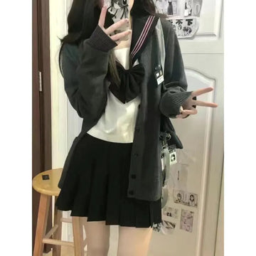 Getadme-Preppy Style Knitted Cardigan Women Harajuku Vintage V-neck Oversized Sweater Sweet Casual Long Sleeve Tops Japanese JK